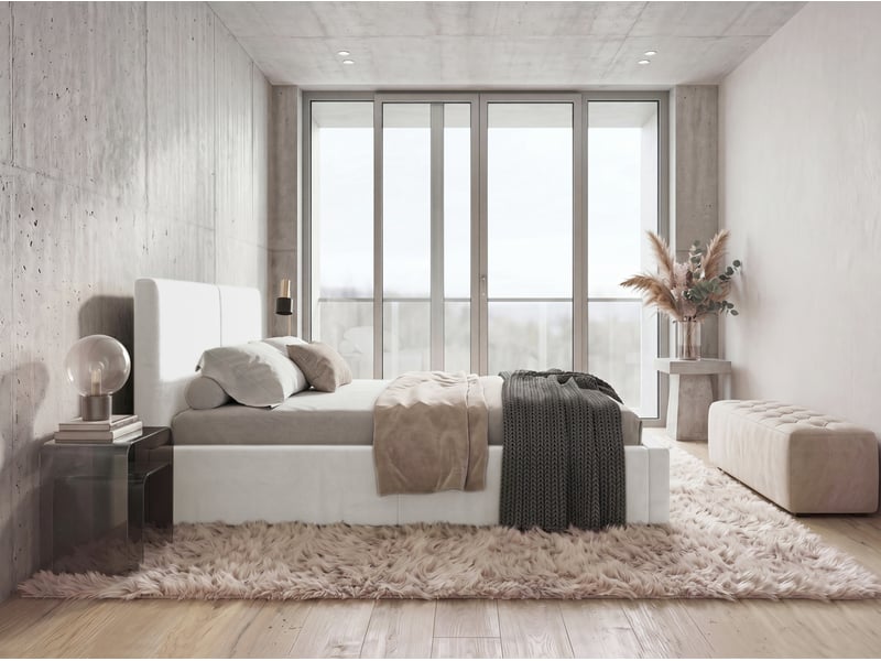  Lit coffre rembourré 140x200 2 places avec sommier relevable gratuit inclus et tête de lit - lit adulte avec rangement – blanc Hilton Interbeds - Conforama D