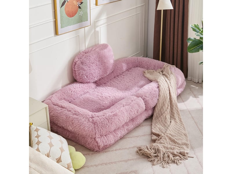  Fauteuil lit de sol inclinable 5 positions 102 x 89 x 88 cm – lit panier géant humain transformable avec coussin lombaire – peluche – rose  - Conforama D