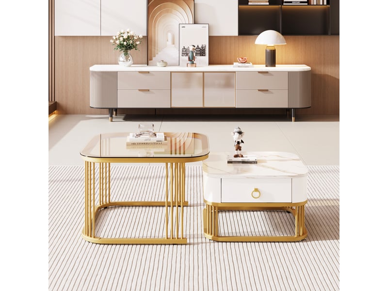  Tables basses gigognes avec 1 tiroir, plateau effet marbre brillant et verre brun, en mdf, blanc et or - uvrion  - Conforama C