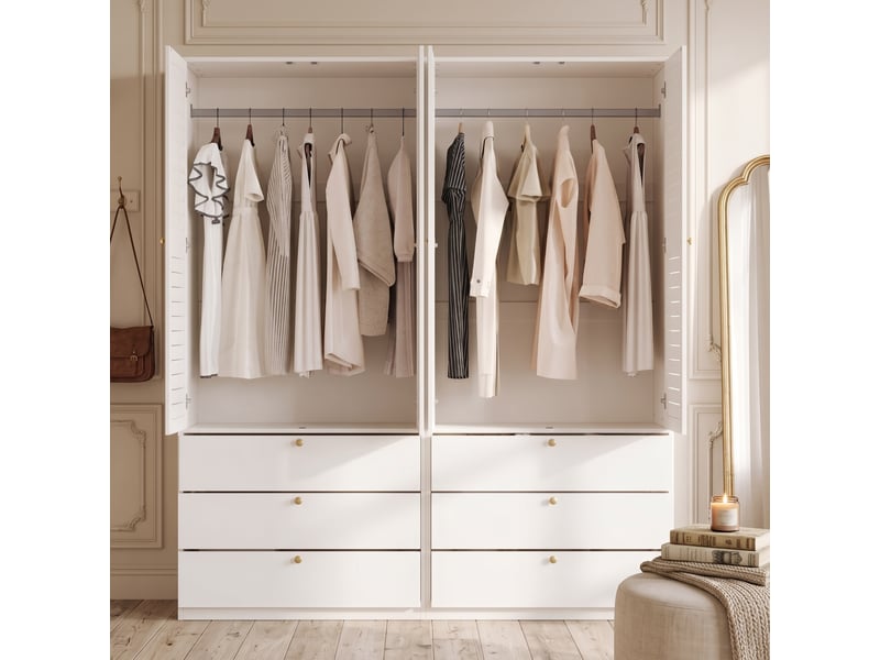 Armoire 4 portes avec 6 tiroirs 180x50x200 cm en panneau de particules blanc  - Conforama B