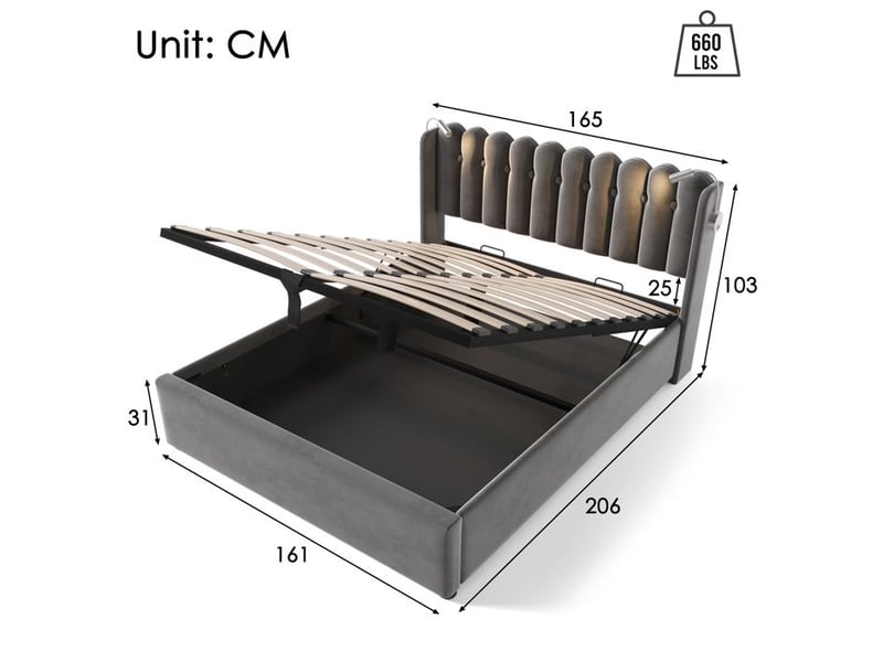  Lit double avec rangement - truxen - 160x200 cm - velours gris - lampe de lecture intégrée - prise usb  - Conforama D