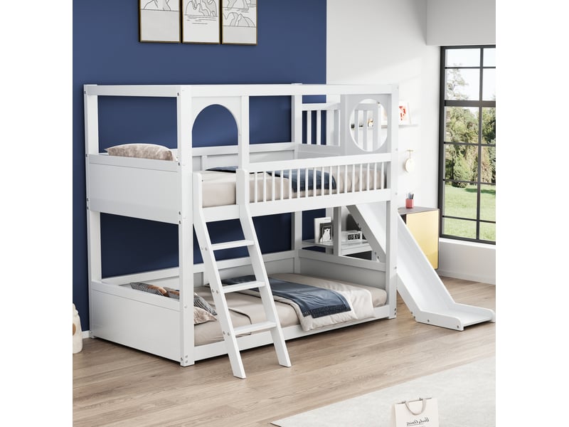  Lit superposé enfant 90×200 cm avec rangement, étagères et toboggan, pin, blanc, sans matelas  - Conforama B
