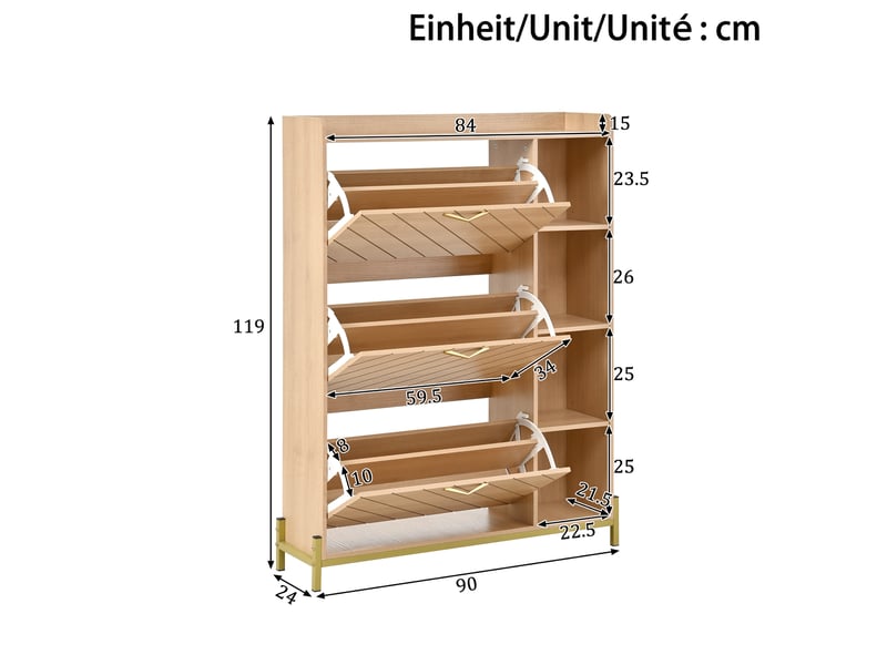  Meuble à chaussures 90x24x119 cm, 3 abattants, étagères latérales et format ultra-fin, rangement pour entrée et couloir - naturel  - Conforama C