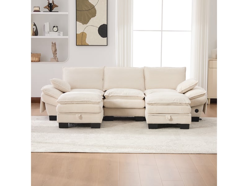  Canapé modulable, canapé 3 places – poches latérales, en velours tricoté, mousse haute densité, beige, port usb  - Conforama E