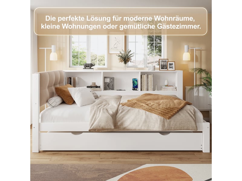  Lit banquette 90x200 pin massif blanc avec lit gigogne et éclairage led  - Conforama W
