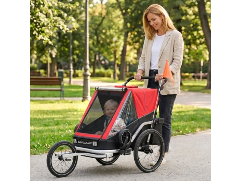 Remorque vélo enfant rouge 2 places, 2 en 1 pliable, siège réglable, harnais de sécurité - Conforama E
