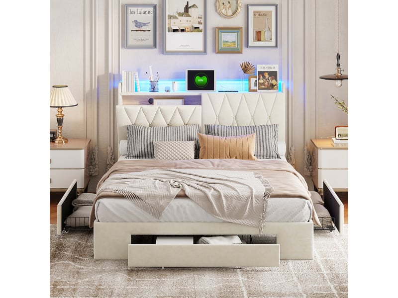  Lit adult 160 x 200 avec sommier led et usb, lit double capitonné avec 3 tiroirs, lit 2 places avec sommier à lattes, velours  - Conforama R