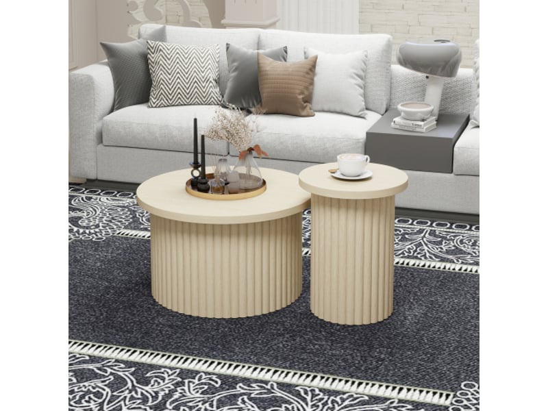  Set de 2 tables basses rondes en bois naturel – structure ondulée – table d’appoint intégrée – salon, chambre et bureau  - Conforama B