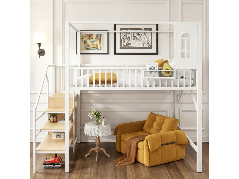  Lit mezzanine 140 x 200 cm en métal, structure toit, échelle avec rangement et penderie, espace inférieur polyvalent evarich - Conforama E