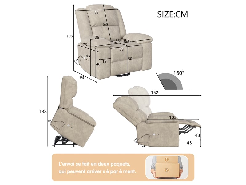  Fauteuil relax électrique releveur - 93x83x106cm - massage 8 points, chauffage lombaires &amp; inclinable 160° - velours beige  - Conforama E