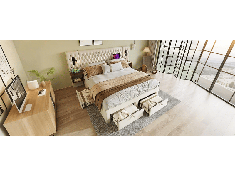  Lit plateforme 160x200 cm en tissu beige avec têtes de lit lumineuses usb, 2 chevets et tiroirs intégrés  - Conforama D