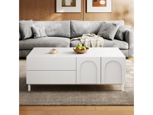 Table basse 100x50x39,5 cm, 2 tiroirs, 2 portes, grand rangement, style scandinave, pieds métal pour salon et séjour - blanc