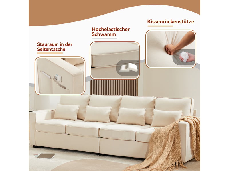 Canapé droit 4 places en tissu lin beige avec coussins et pochettes de rangement pour salon moderne - Conforama E