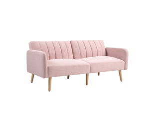 Canapé convertible 2 places design scandinave dossier inclinable 3 positions pieds bois tissu aspect lin rose