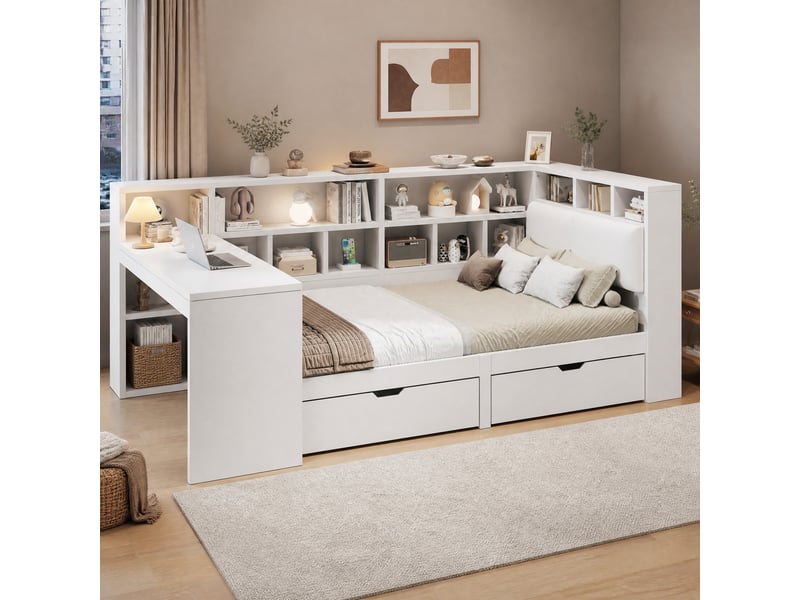  Lit 140 x 200 cm en l blanc avec bureau, bibliothèque, tiroirs et éclairage led  - Conforama D
