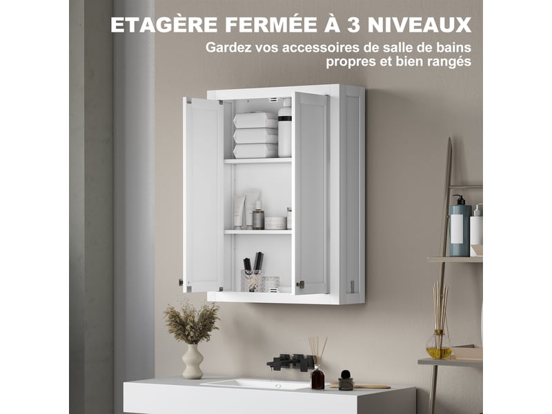  Armoire murale de salle de bain 3 niveaux, meuble de rangement suspendu  2 portes étagère réglable blanc 61 x 20 x 84 cm  - Conforama E