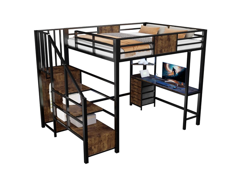  Lit surélevé 140*200 cm en métal, bureau, étagères, penderie, éclairage led et prise, coloris noir moderne  - Conforama A