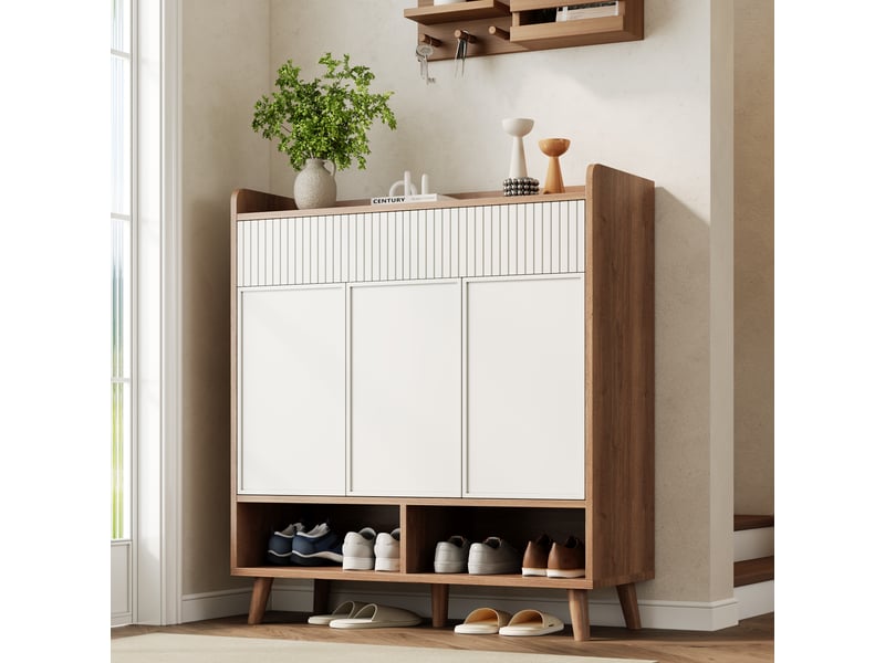 Meuble à chaussures 3 portes, 2 tiroirs et 2 niches pour entrée 90×35×100 cm blanc et naturel - Conforama B