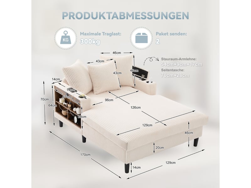 Canapé convertible en velours côtelé beige avec coffre intégré, led multicolore et porte-gobelets, 129x170 cm - Conforama C
