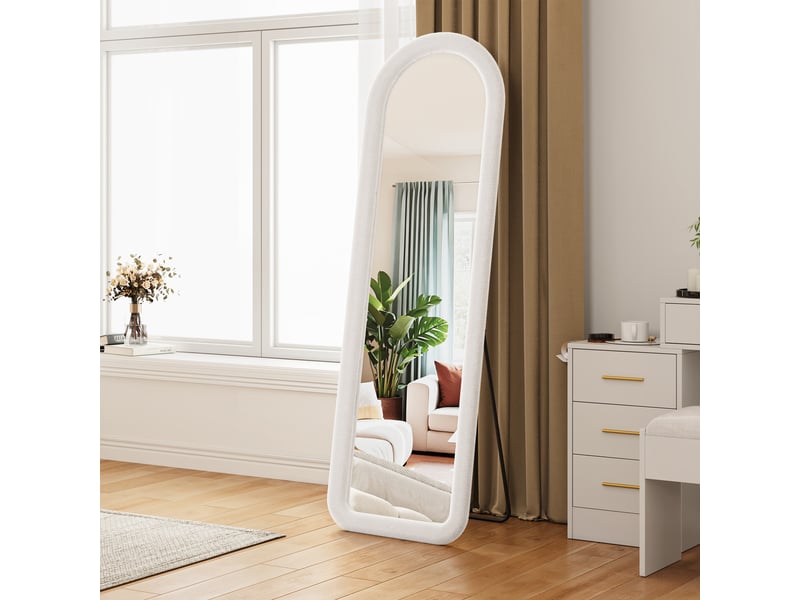 Miroir plein pied arche 160x50 cm, cadre rembourré en flanelle blanche, miroir au sol décoratif pour chambre et dressing  - Conforama E
