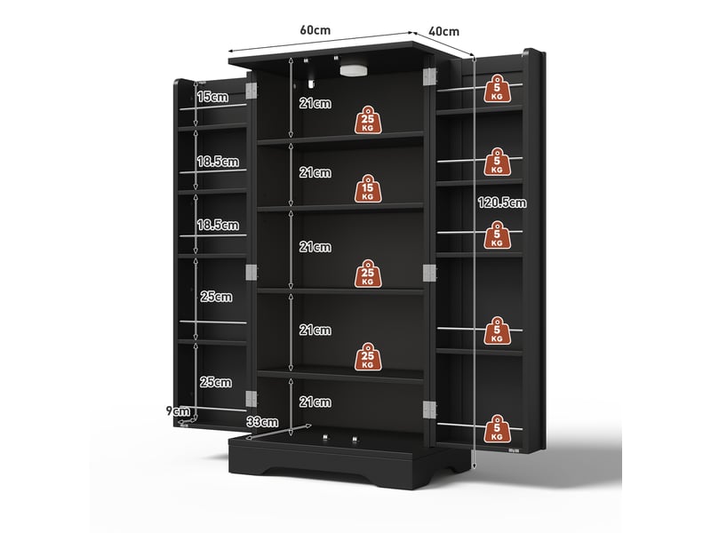  Meuble de cuisine muvano, armoire de cuisine noire 2 portes avec led, 60 x 40 x 120 cm  - Conforama W