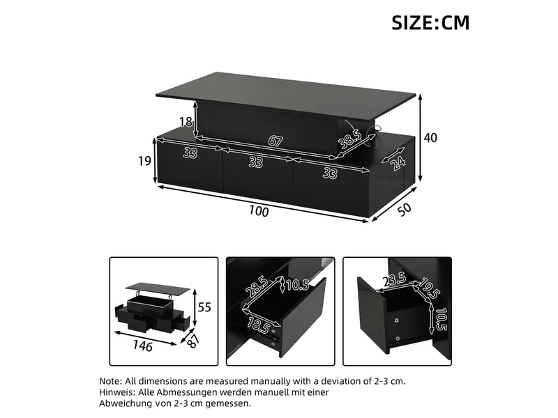  Table basse relevable noire avec 4 tiroirs et led, plateau laqué brillant, espace de rangement caché, mdf  - Conforama C