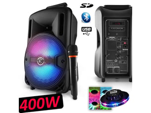 Enceinte mobile party karaoké dj sono pa batterie 8 400w à leds rvb usb-sd-bt + micro vhf mydj djoon08 + ovni