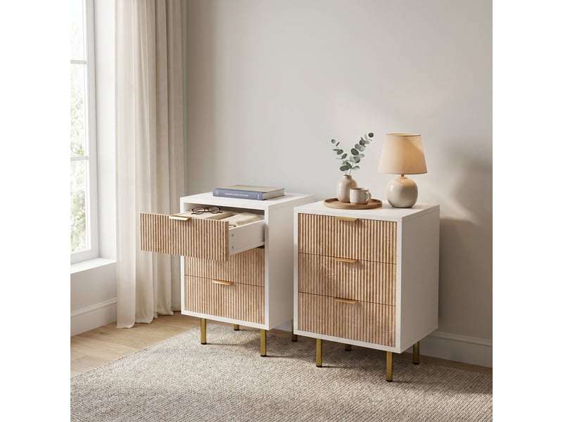 Lot de 2 tables de chevet, 40x40x65cm, avec 3 tiroirs de rangement, panneaux cannelés, en bois et métal, style moderne, blanc et bois - Conforama B