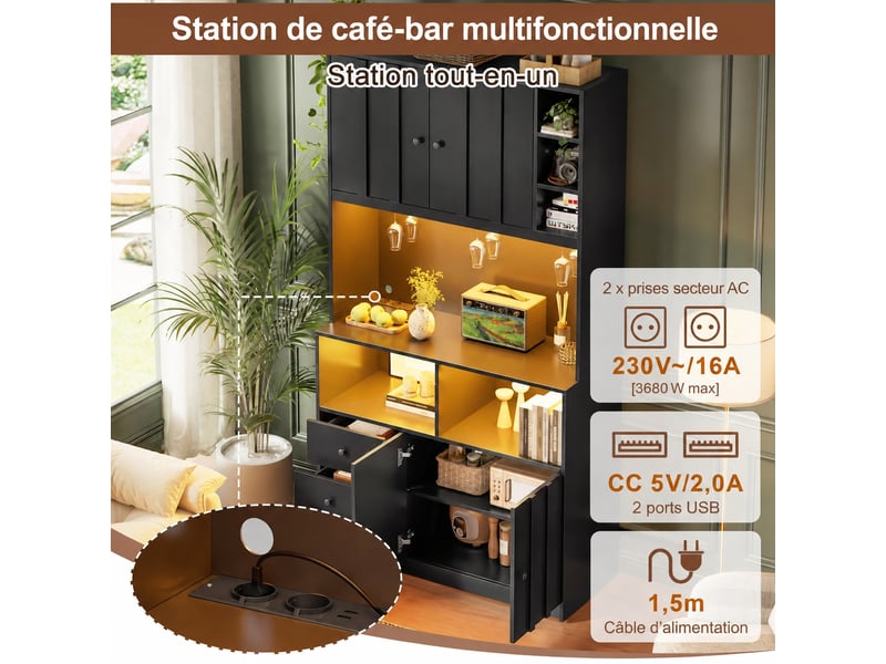  Armoire de cuisine haute avec vitrine, éclairage led rgb et prises usb, 100 x 40 x 180 cm, noir  - Conforama C