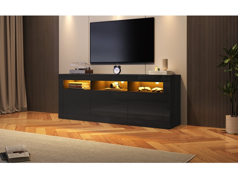  Meuble tv 160 cm noir laqué avec led bluetooth - pour écran 70 pouces - 2 tiroirs push to open  - Conforama W