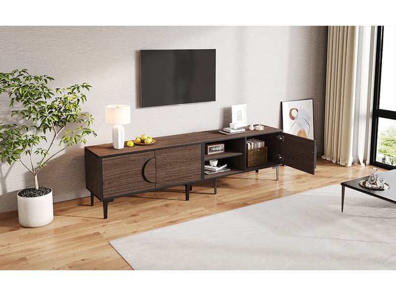  Meuble tv 180 cm noyer foncé pour écran 80 pouces avec 3 portes et rangements ouverts  - Conforama E