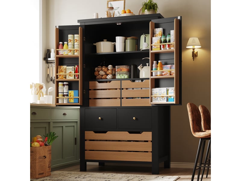  Meuble de cuisine muvano, buffet haut de cuisine noir, 2 portes et 5 tiroirs, 80 × 40 × 140 cm  - Conforama B