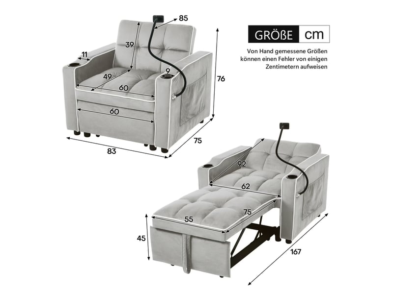  Fauteuil convertible 3-en-1 gris avec porte-gobelets et support téléphone, 83 x 167 x 76 cm  - Conforama E