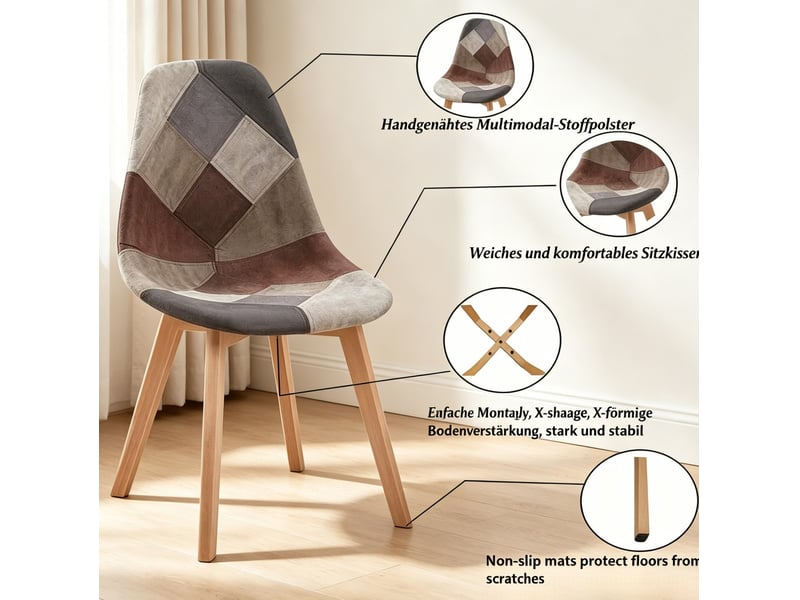  Lot de 8 chaises de salle à manger 46x40 cm – multicolore – revêtement patchwork en tissu moderne  - Conforama E