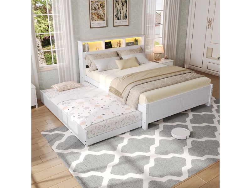 Lit double 120x200 avec lit gigogne, led, prise intégrée et rangement, structure en pin et mdf, blanc - Conforama D
