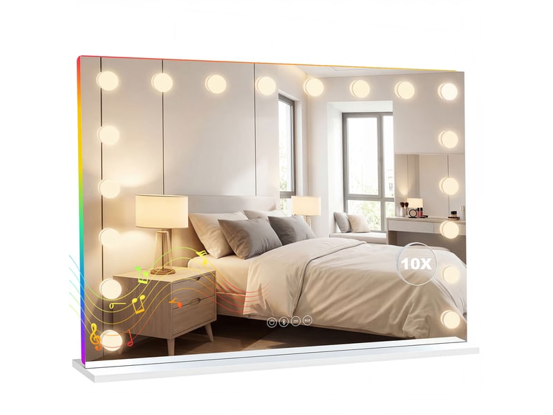  Miroir maquillage hollywood 18 ampoules led, 3 couleurs d'éclairage, lumière rgb, haut-parleur bluetooth, blanc  - Conforama A