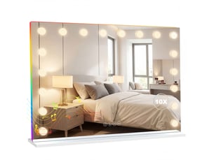 Miroir maquillage hollywood 18 ampoules led, 3 couleurs d'éclairage, lumière rgb, haut-parleur bluetooth, blanc