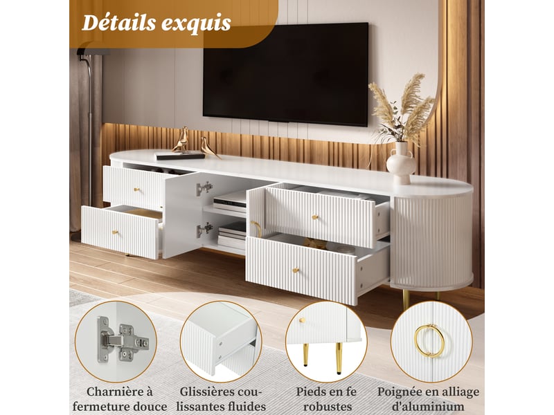  Meuble tv avec tiroirs, double porte et passe-câbles pour salon 180×40×38 cm en mdf blanc  - Conforama C