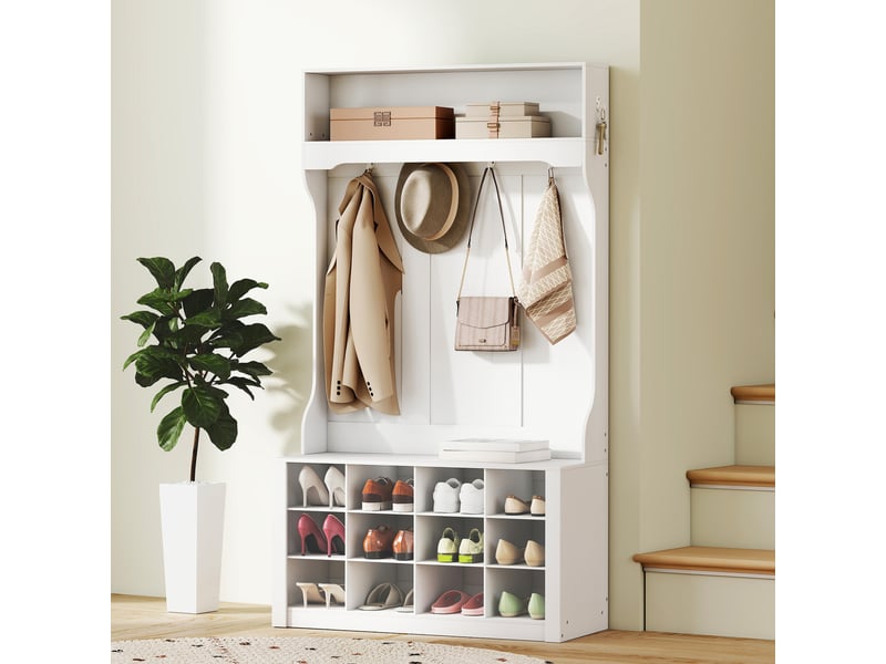  Armoire avec étagère, banc, crochets, compartiments à chaussures, panneaux de particules, mdf, blanc  - Conforama D