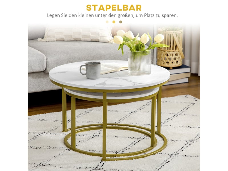 Tables basses gigognes rondes avec 2 plateaux effet marbre et pieds réglables, en acier doré, pour salon, blanc - Conforama D