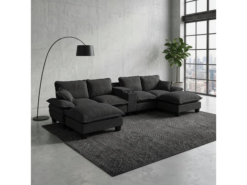 Canapé modulable panoramique en u avec rangement intégré et usb, revêtement chenille noir, dimensions 362x151x90 cm - Conforama B