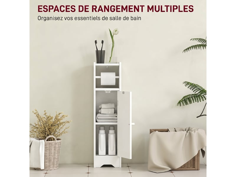  Meuble salle de bain meuble toilettes wc rangement étroit avec étagère réglable gain de place pour petits blanc espaces  - Conforama D