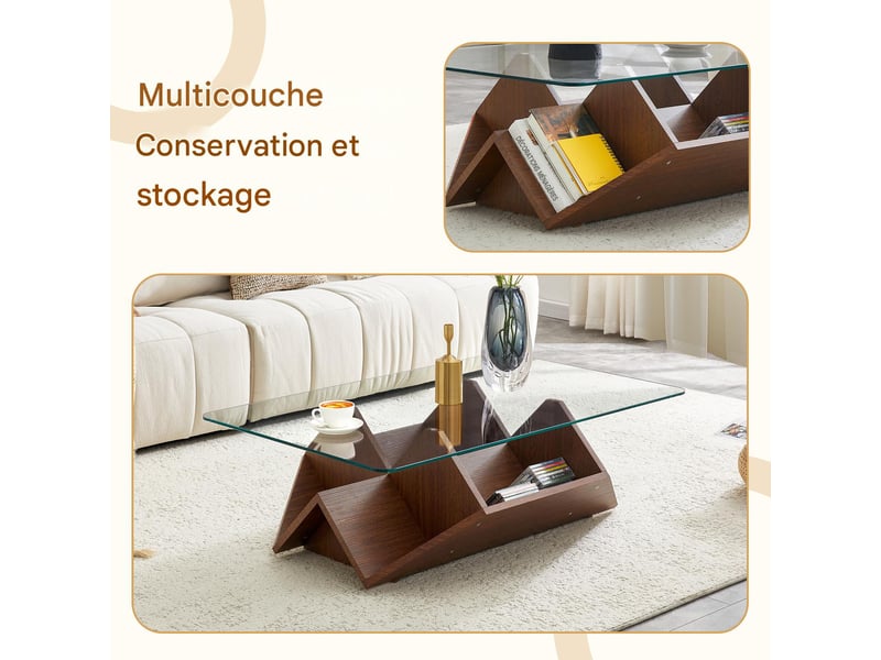  Table basse avec rangements en verre trempé et mdf coloris noyer 103x63x33,5 cm - pangivo  - Conforama D