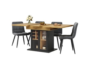 Table extensible 110-140x80x76 cm pour 4-6 personnes, range-bouteilles amovible et porte en verre trempé, mdf, noir