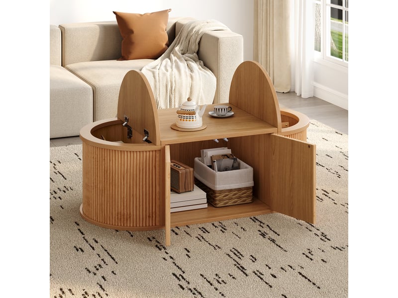 Table basse ovale 100 x 50 x 35 cm, coffres latéraux à couvercles, 2 portes battantes à pression, mdf et panneaux de particules, décor bois clair Luxe haut de gamme - Conforama B
