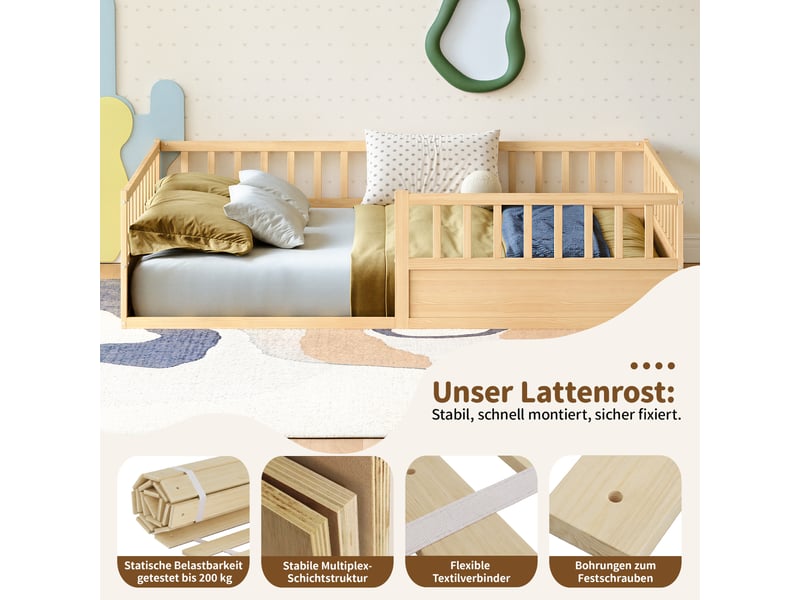  Lit enfant montessori - 140x200 cm - barrières de sécurité - pin massif - bois naturel BUYDEEMEUS - Conforama E