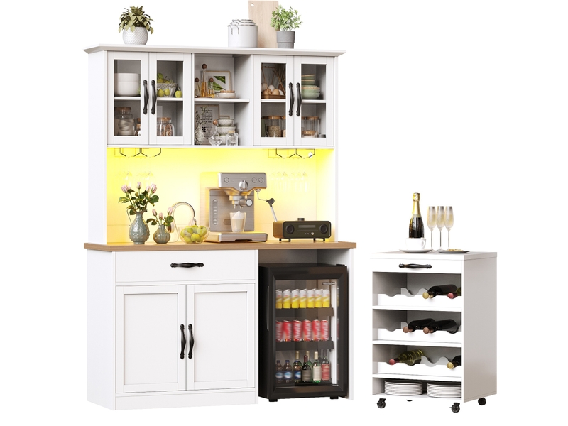 Buffet de cuisine 140x38x180 cm – blanc – chariot amovible, led réglable et range-bouteilles 9 bouteilles - Conforama A