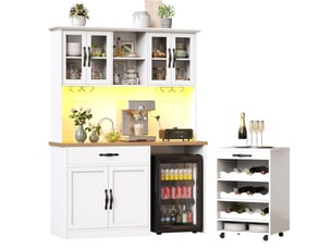 Buffet de cuisine 140x38x180 cm – blanc – chariot amovible, led réglable et range-bouteilles 9 bouteilles