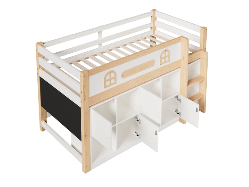  Lit mezzanine, 90 × 200 cm, blanc et naturel, mdf et pin, rangements, échelle, tableau à craie, sans matelas, design fonctionnel  - Conforama A