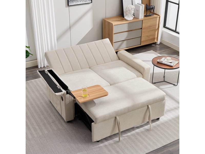  Canapé convertible 2 places 140 x 84,5 x 84 cm, couchage coulissant, dossier réglable, tablette rabattable, usb-c, poches, chenille beige au salon  - Conforama C